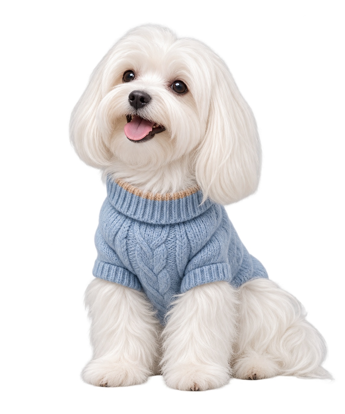 Maltese wearing a blue knit sweater